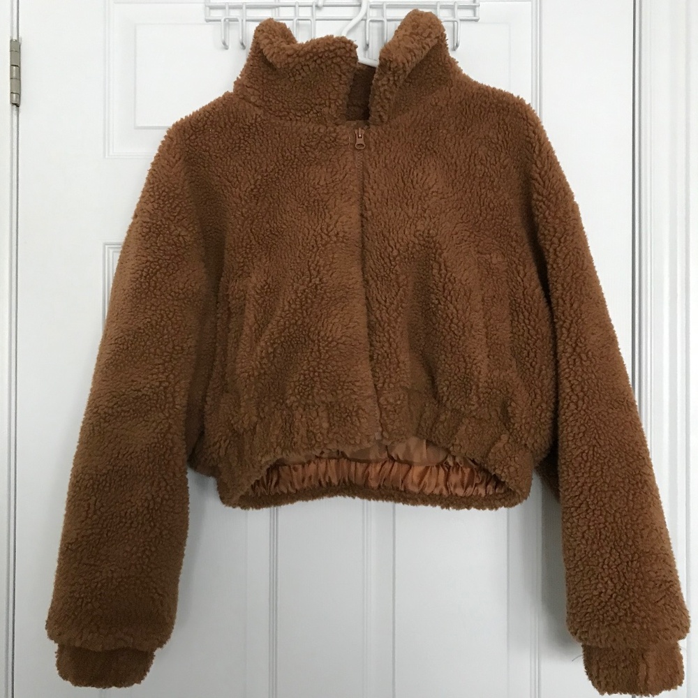 STREETWEAR SOCIETY Cropped Teddy Jacket Coat M Brown Fleece Full Zipper